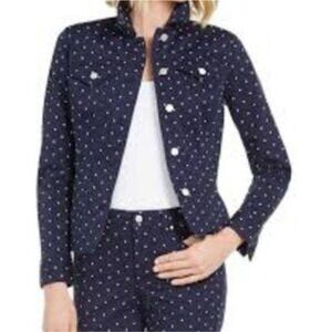 Charter Club Denim Jacket Polka Dot Button Front Collared‎ Petite Large NWT $68